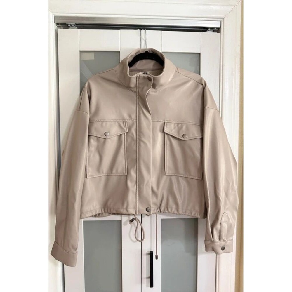 T Tahari Taupe Faux Leather Cropped Utility Bomber Jacket Large NWT